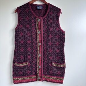Skjæveland of Norway Women’s Fair Isle Red 100% Wool Cardigan Sweater Vest